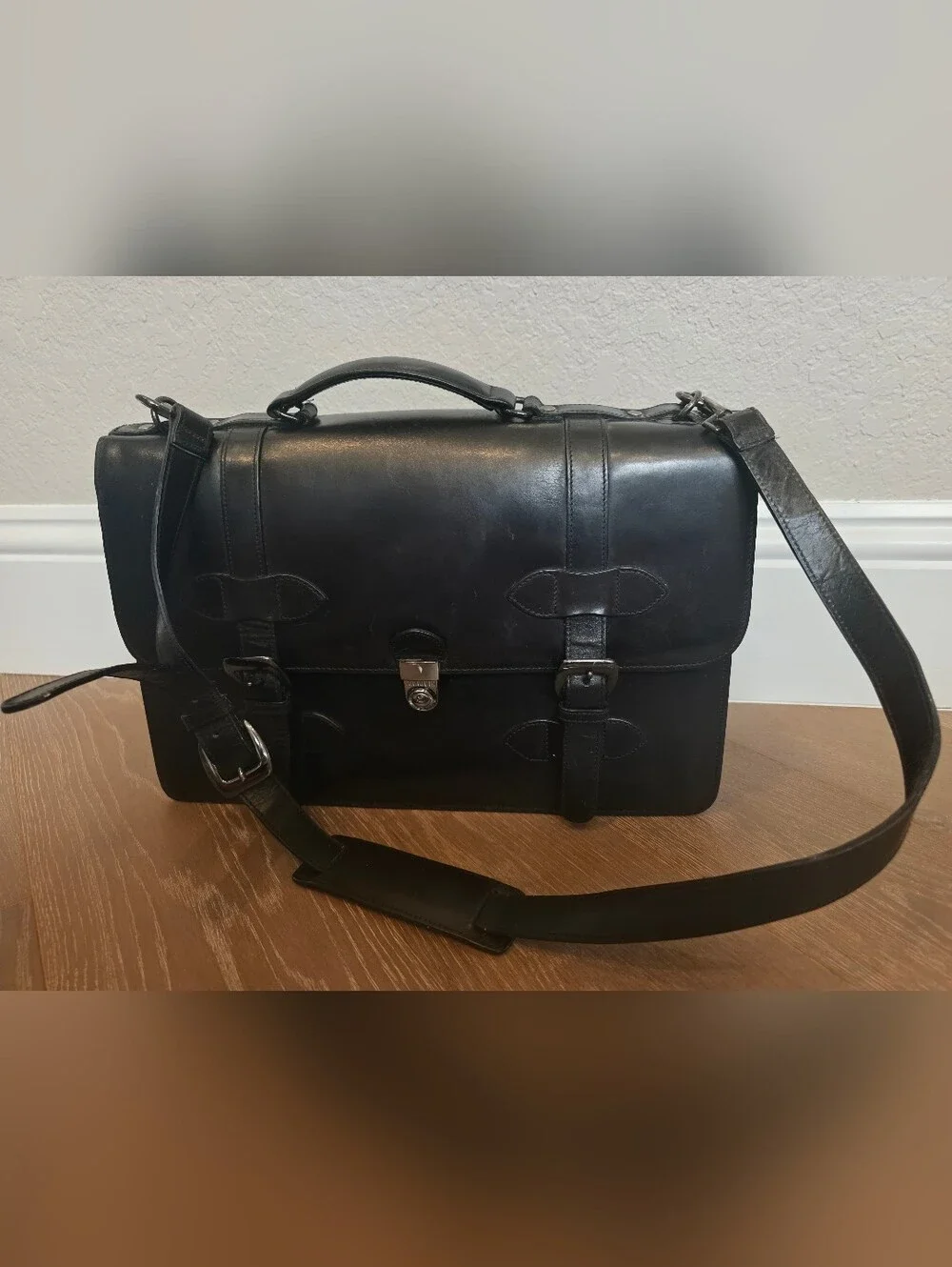 Classic Black Leather Briefcase With Shoulder Strap - Men Or Womens Work Bag